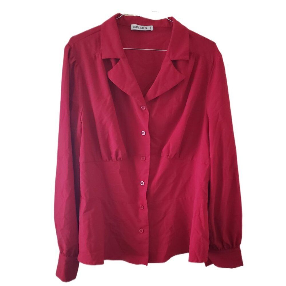 Grace Karin Red Button Down Blouse with Elastic Waist